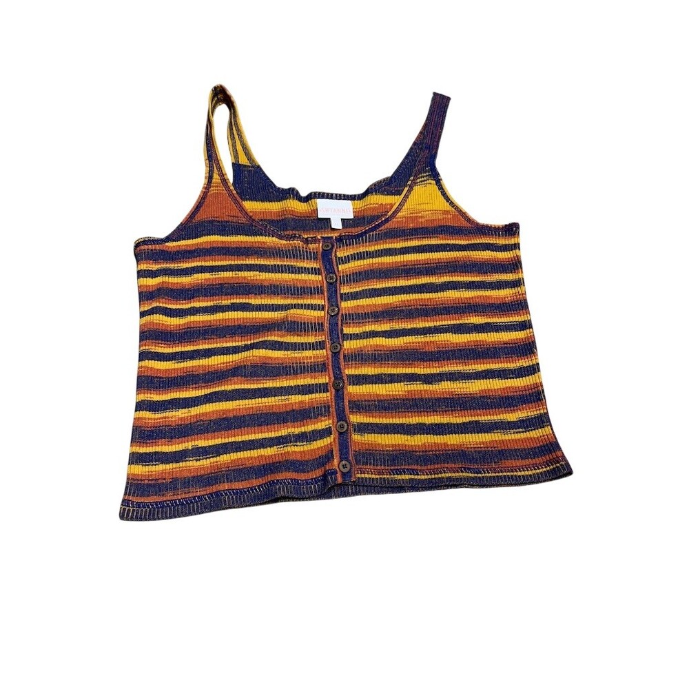 Shyanne Tank Top‎ Womens Size L Multicolor Striped Ribbed Button Front